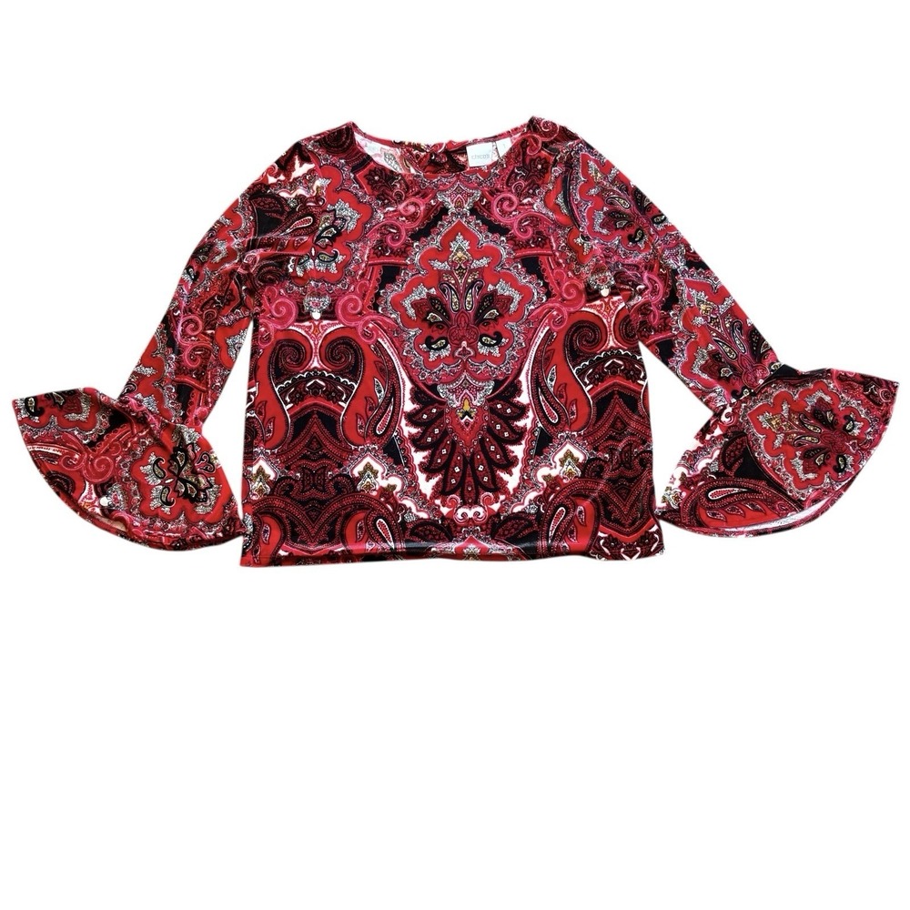 Chico's Red‎ Velvet Top Tie Back Long Bell Sleeve Paisley Size 1 (US Sz 8)
